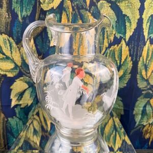 Antique Mary Gregory Clear Glass Pitcher Hand Painted Enamel